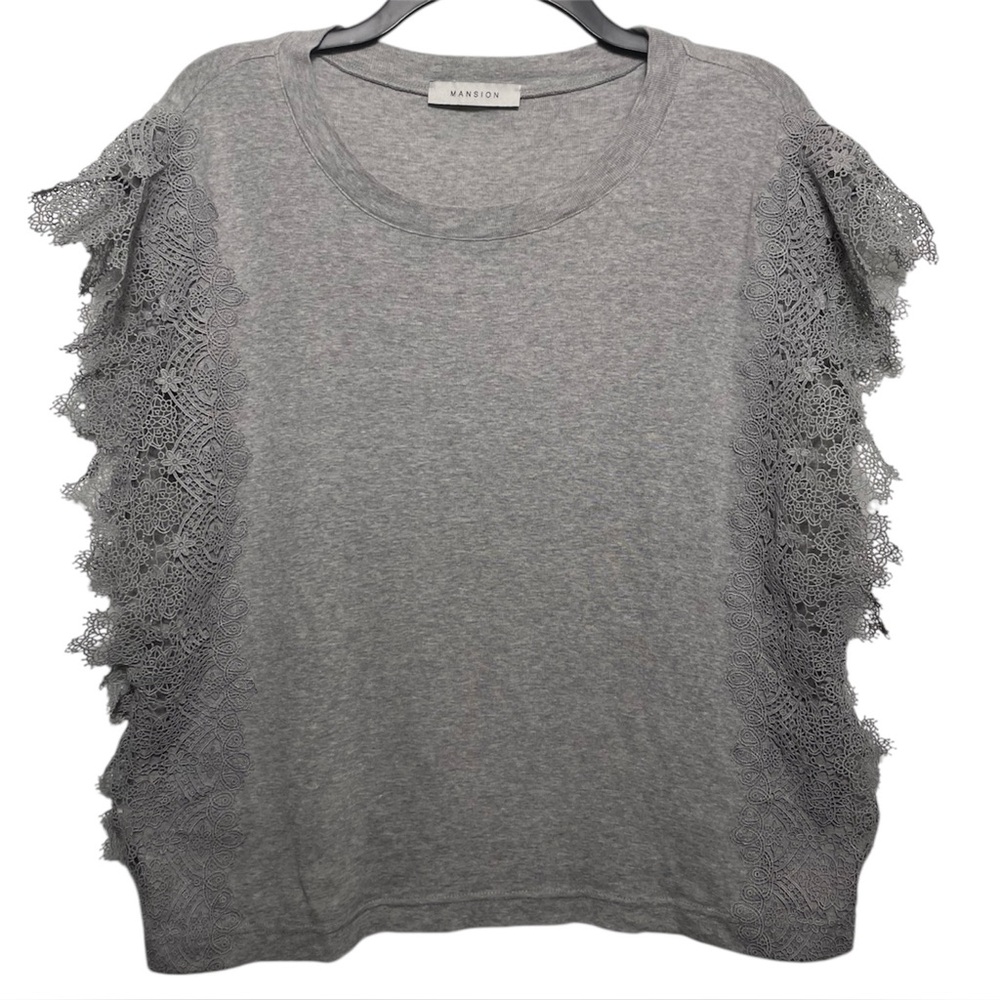 Mansion Korea Lace Panel Flutter Sleeve Top Gray Minimalist Lagenlook M L